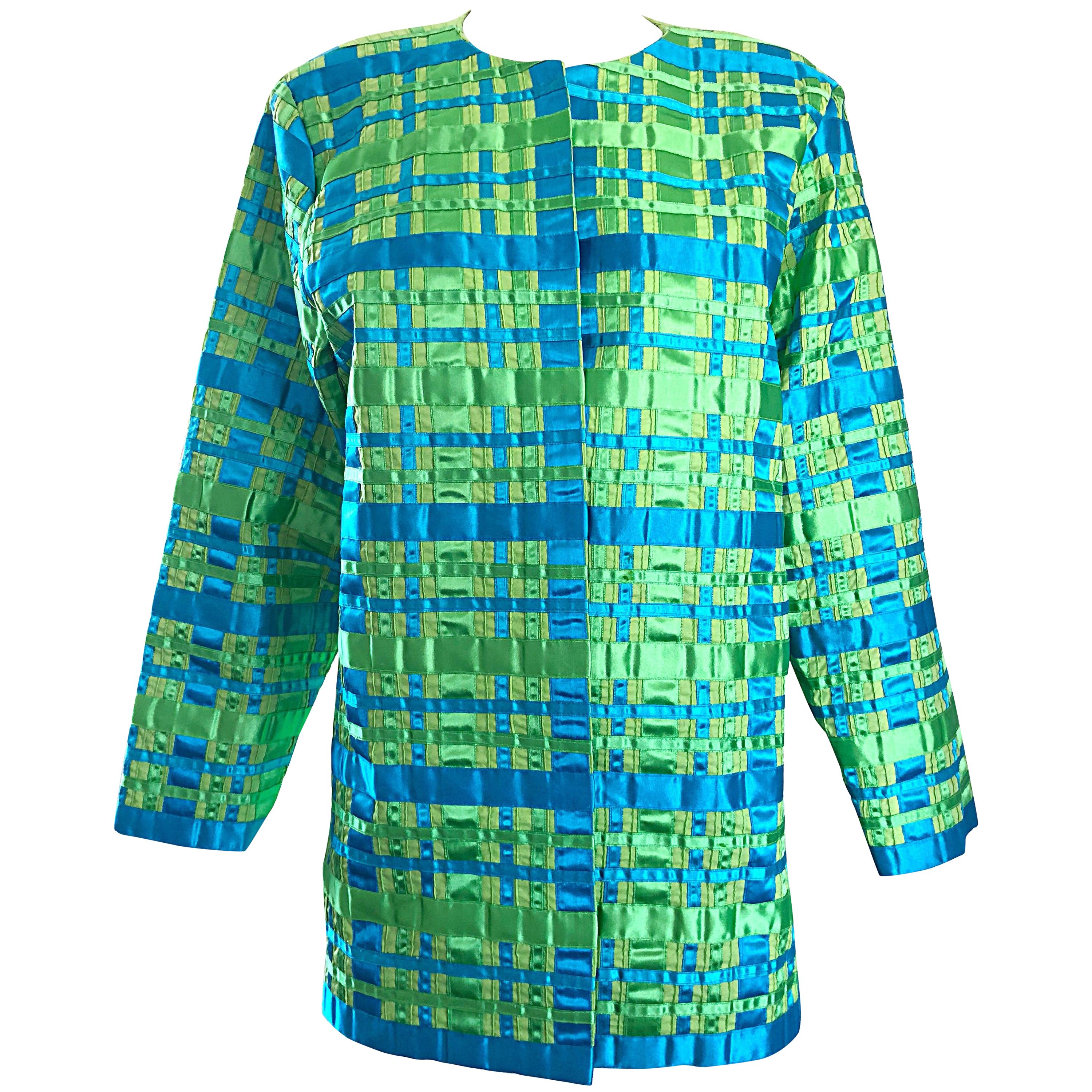 Vintage Tachi Castillo 1980s Neon Green Turquoise Blue 80s Stripes Plaid Jacket For Sale