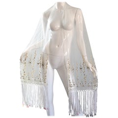 Beautiful Vintage White Sheer Pearl + Beads + Sequins Encrusted Shawl Scarf 