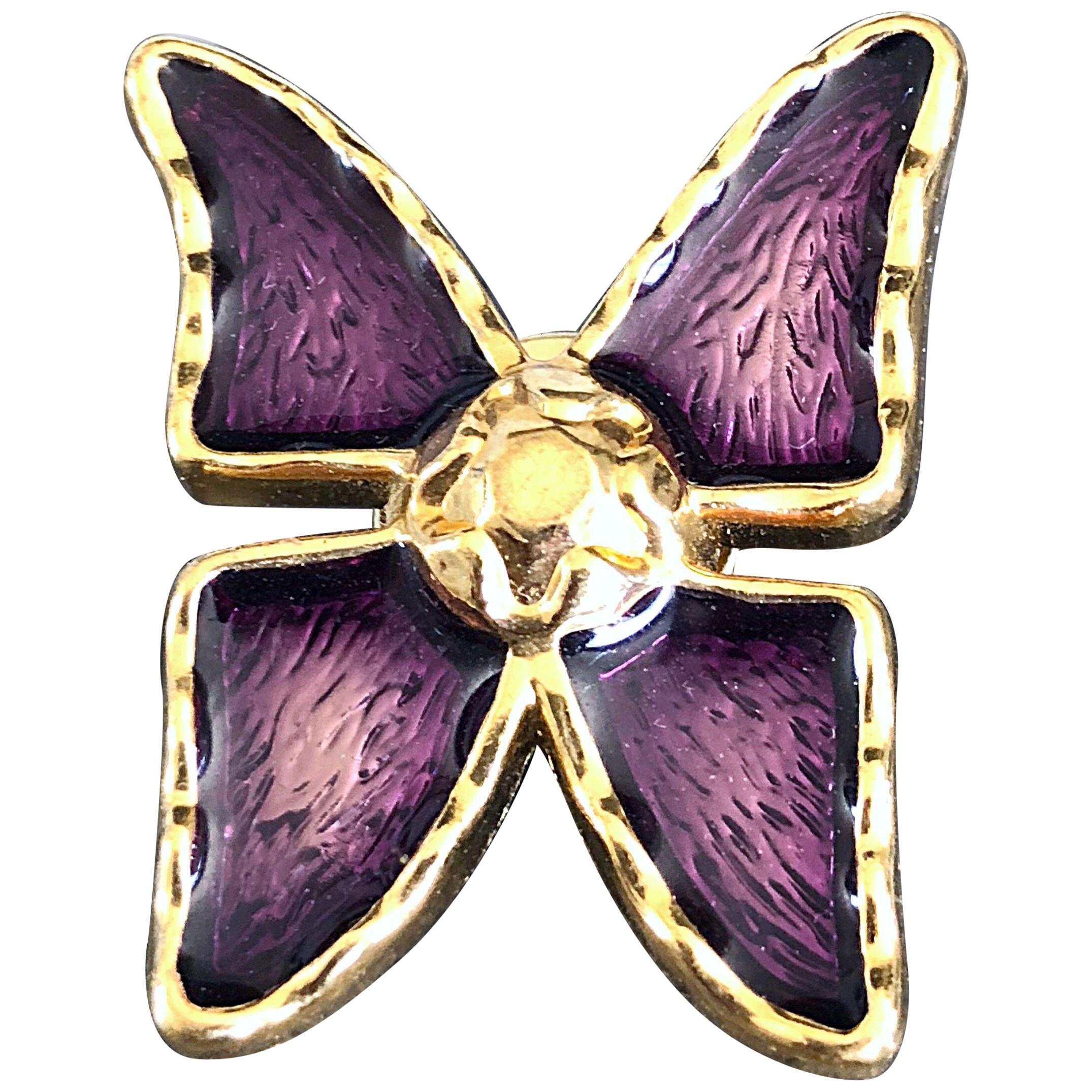Vintage Yves Saint Laurent YSL Purple + Gold Butterfly Brooch Pin Pendant