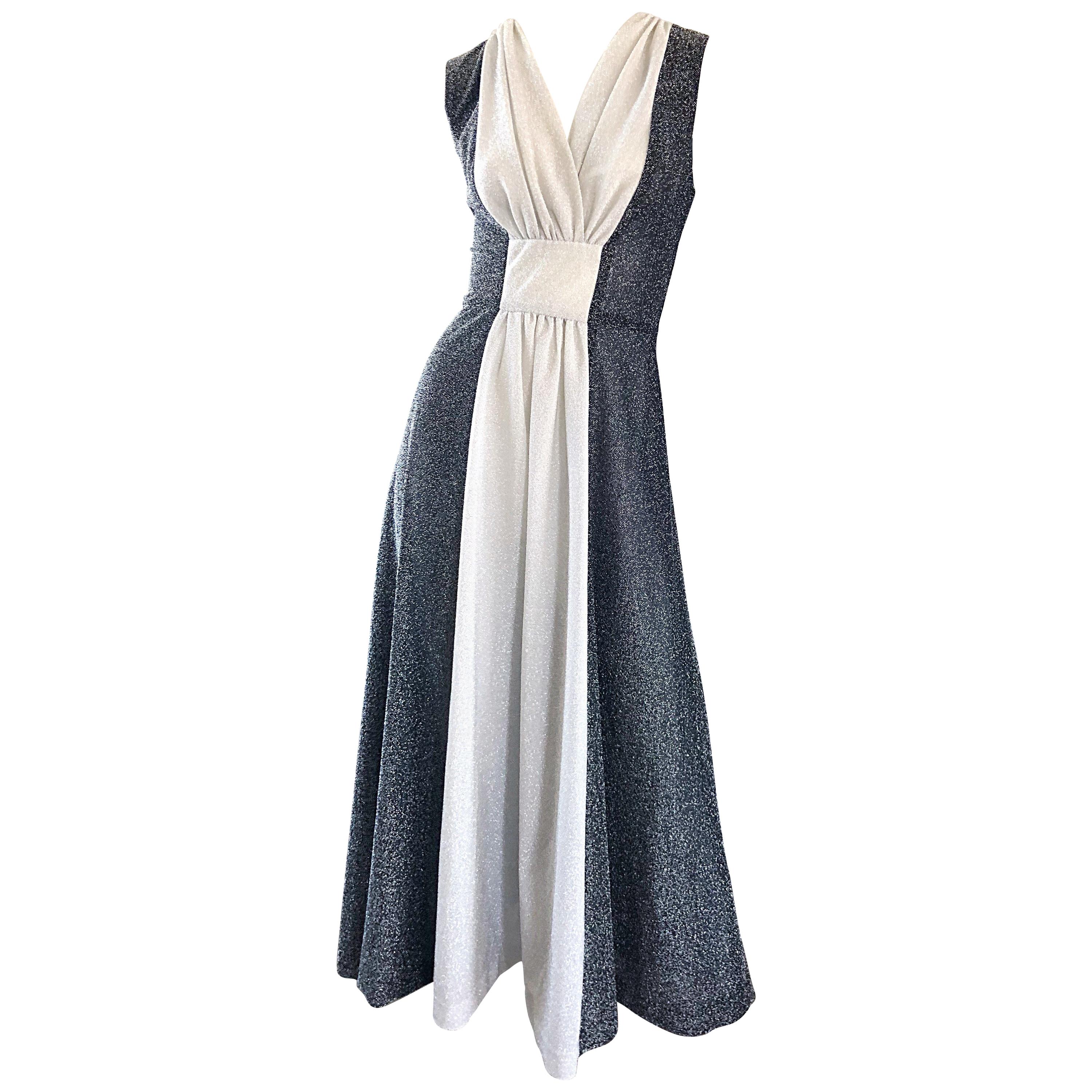 Amazing 1970s Gunmetal Grey + Silver Lurex Metallic Vintage 70s Maxi Dress Gown