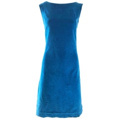 Chic 1960s Margaret Smith Teal Blue Cotton Velvet 60s Vintage Shift Dress