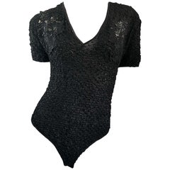 Sexy 1990s French Peek-a-Boo Sequined Short Sleeve One Piece Black 90s Bodysuit