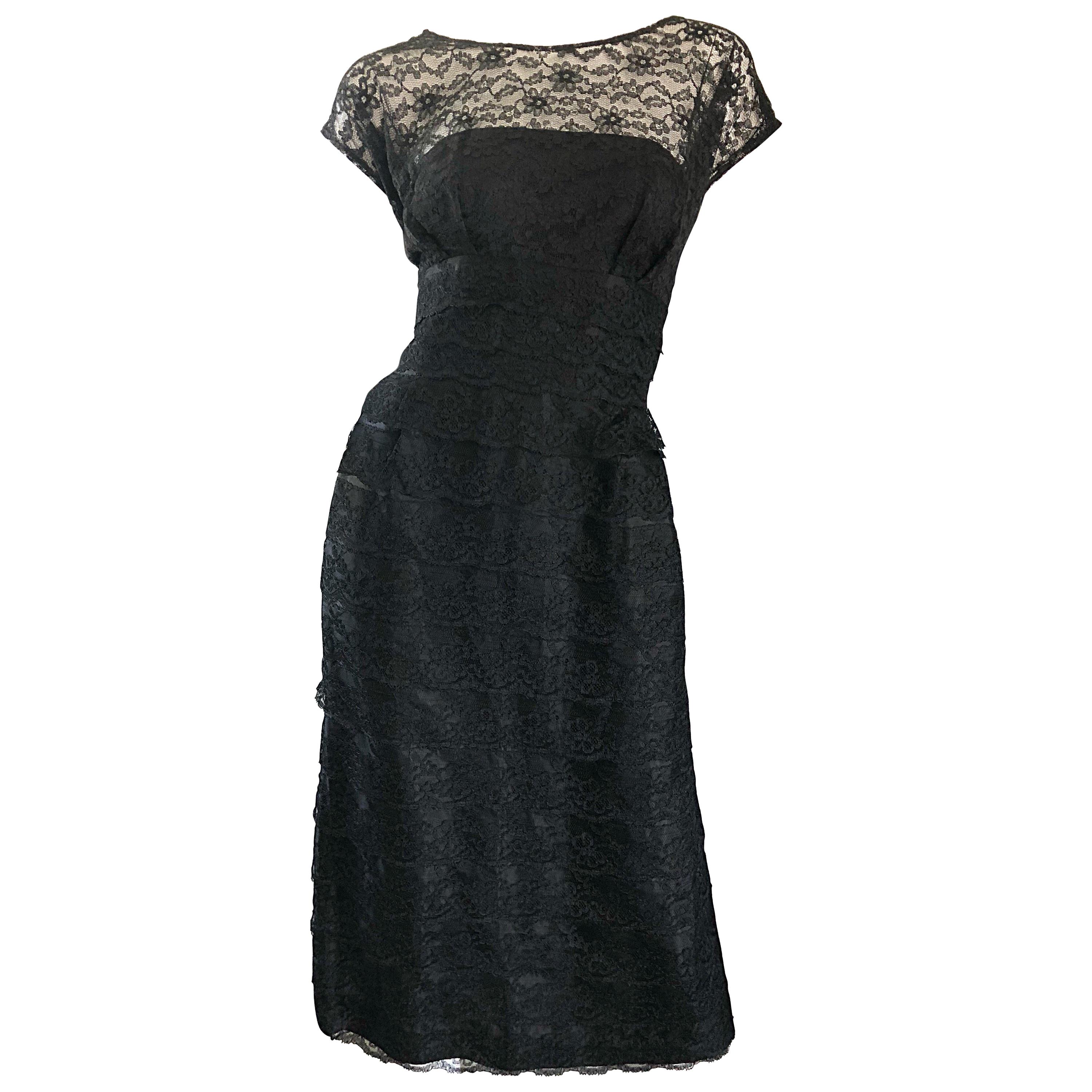 Chic 1950s Demi Couture Black French Lace Nude Illusion Vintage 50s Silk Dress For Sale