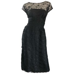 Chic 1950s Demi Couture Black French Lace Nude Illusion Vintage 50s Silk Dress