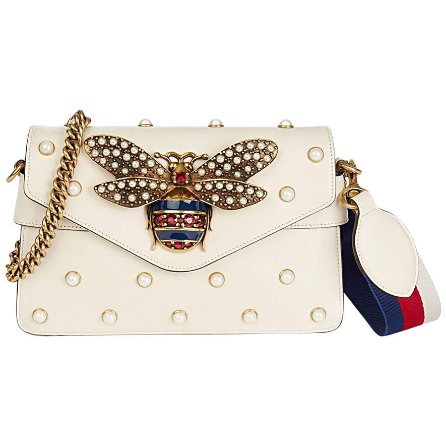 Gucci Ivory Embellished Calfskin Leather Broadway Clutch, 2018  