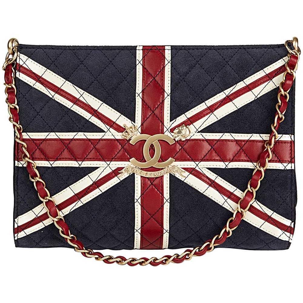 2009 Chanel Navy Suede Red and White Lambskin Union Jack Shoulder Bag