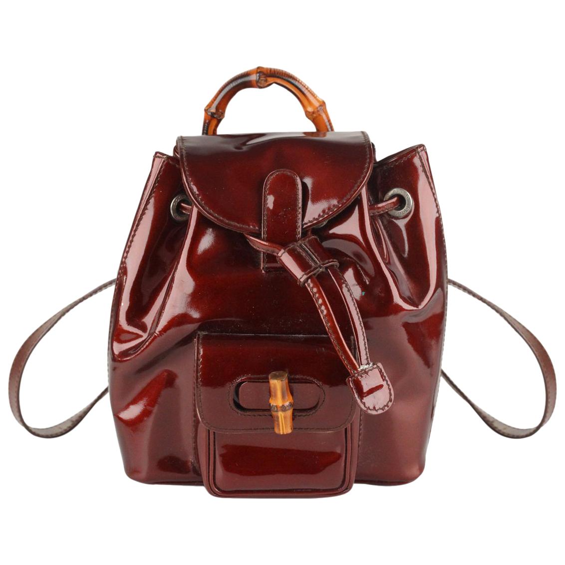 Gucci Brown Patent Leather Mini Bamboo Backpack Shoulder Bag