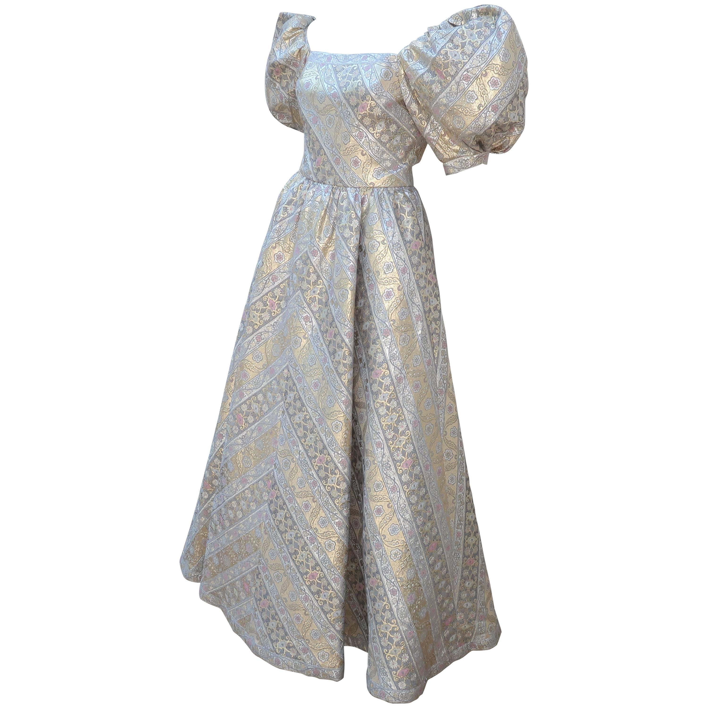 Leonard Silver and Gold Lamé Brocade Ball Gown Dress, 1980s 