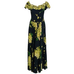 1930's Chartreuse Floral Print Silk Rayon Applique Off-Shoulder Maxi Dress Gown