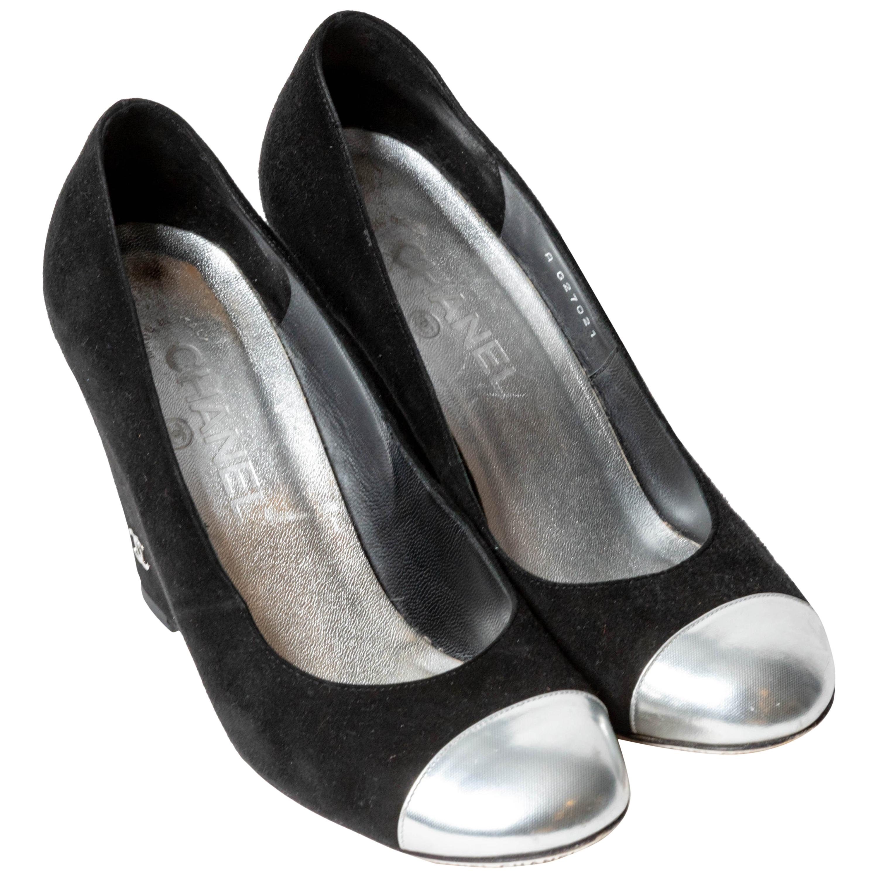 Chanel Silver and Black Suede Wedges - Size 37.5 / 7.5