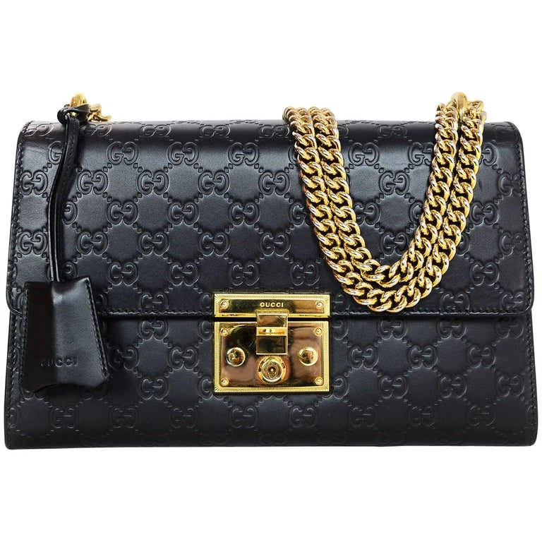 Gucci Black Leather Monogram Guccisima Medium Padlock Flap Bag with