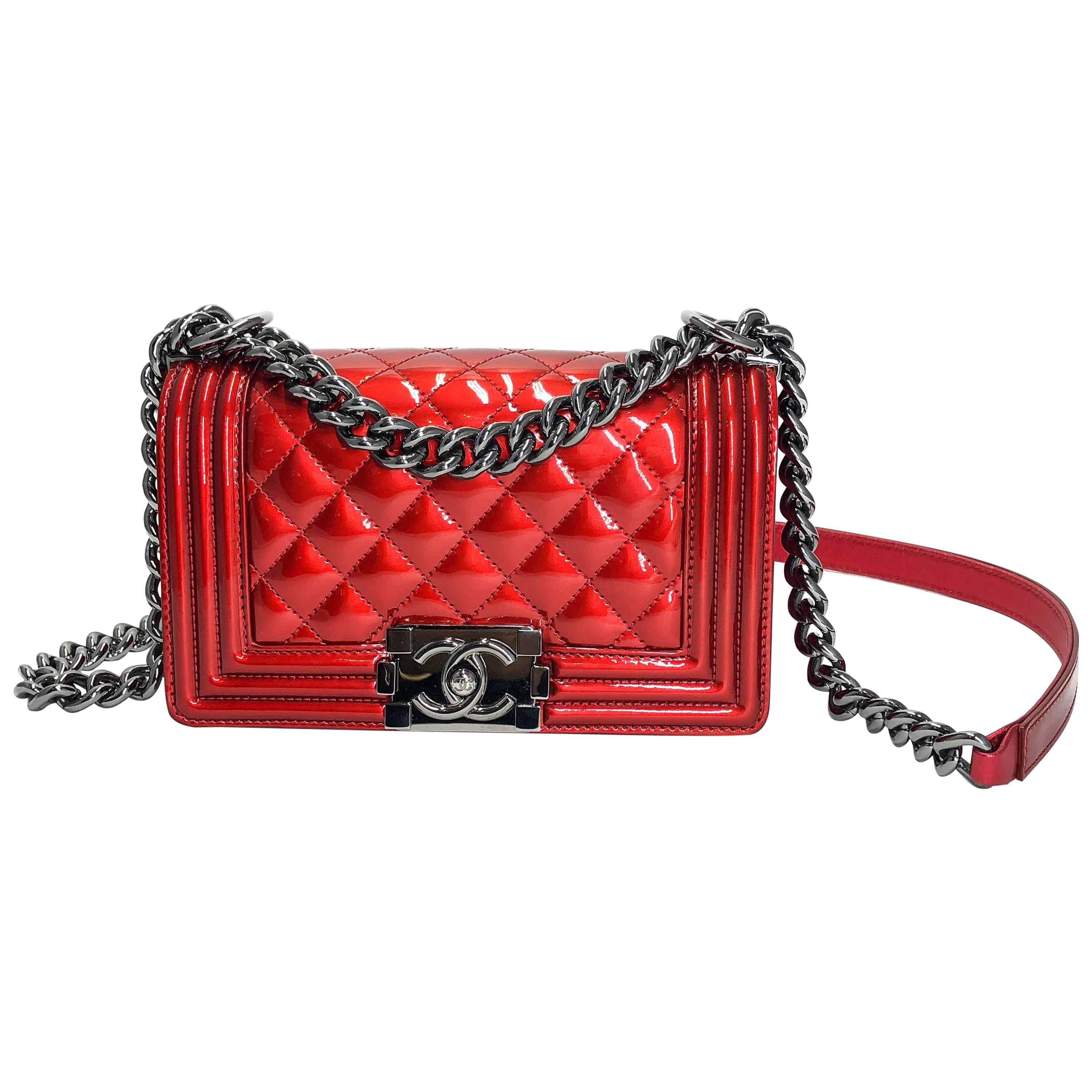 Chanel Small Red Patent Leather crossbody Boy Bag  For Sale