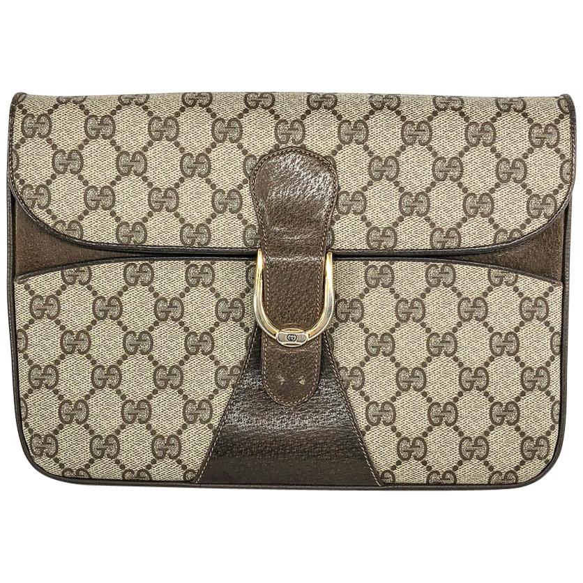 Gucci Vintage GG Monogram Clutch crossbody with Strap and Gold Hardware For Sale