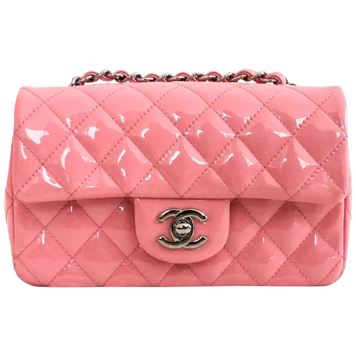 Chanel Mini rectangle crossbody Flap Bag in pink quilted patent leather For Sale
