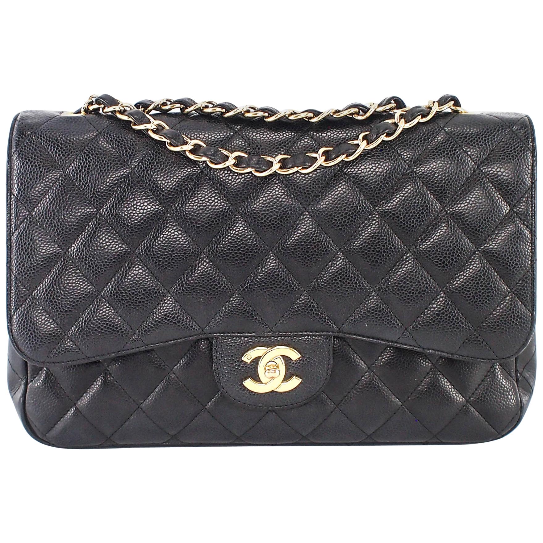 Chanel Single Flap Jumbo caviar leather black with ghw For Sale