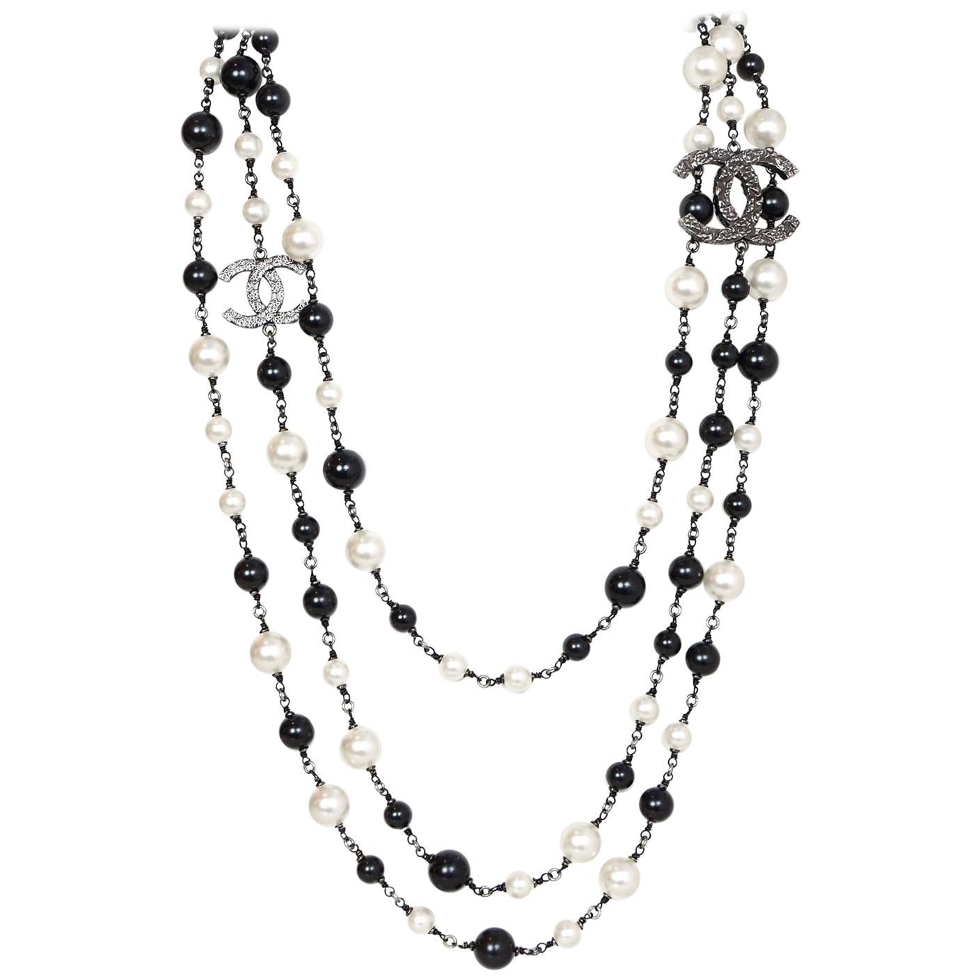 Chanel 2011 Black Bead & Ivory Faux Pearl CC Three-Strand Necklace