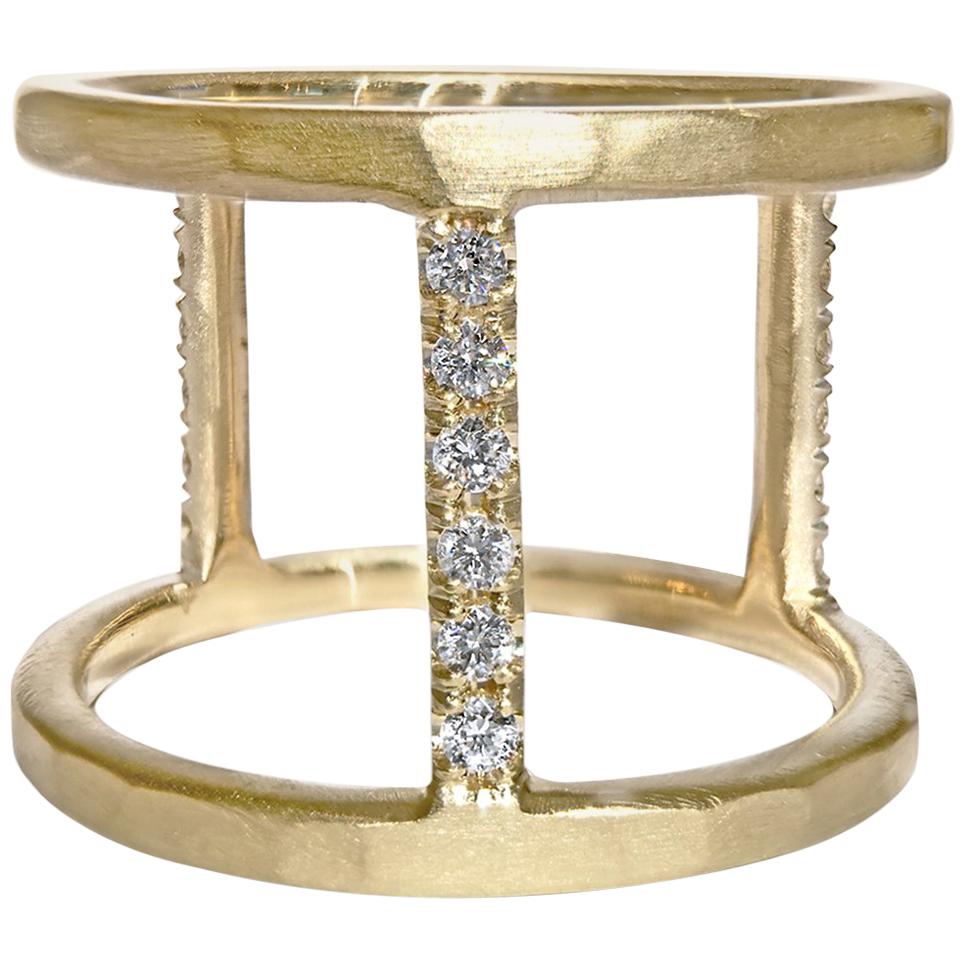 Bague à trois anneaux ouverts en or et diamants blancs, faite à la main