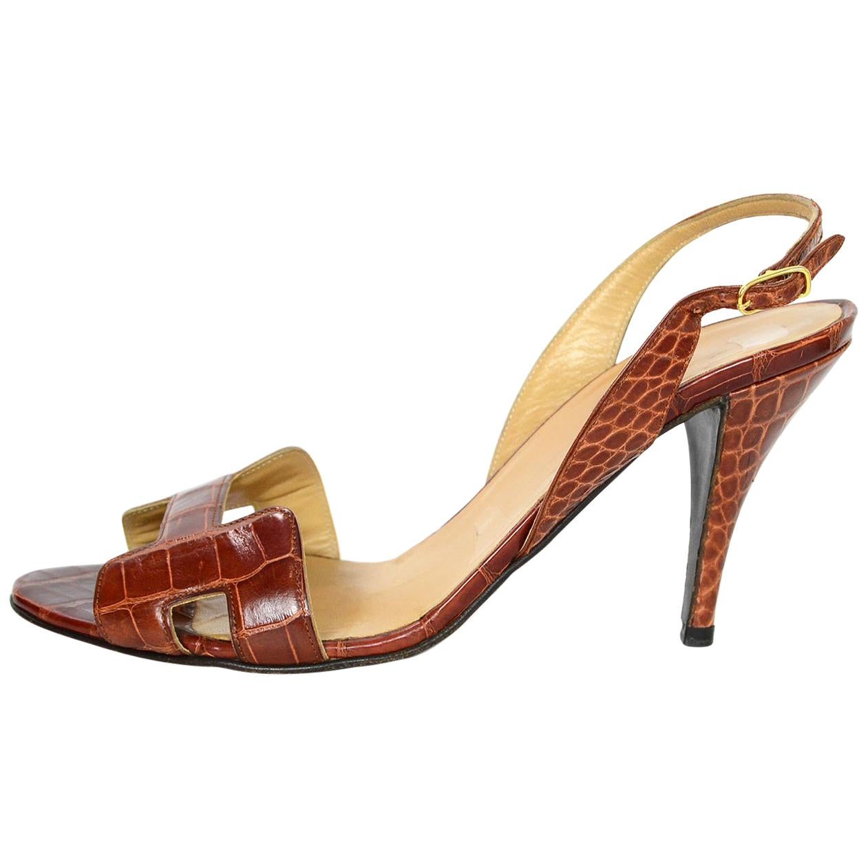 Hermes Cognac Crocodile H Night Sandals Sz 38