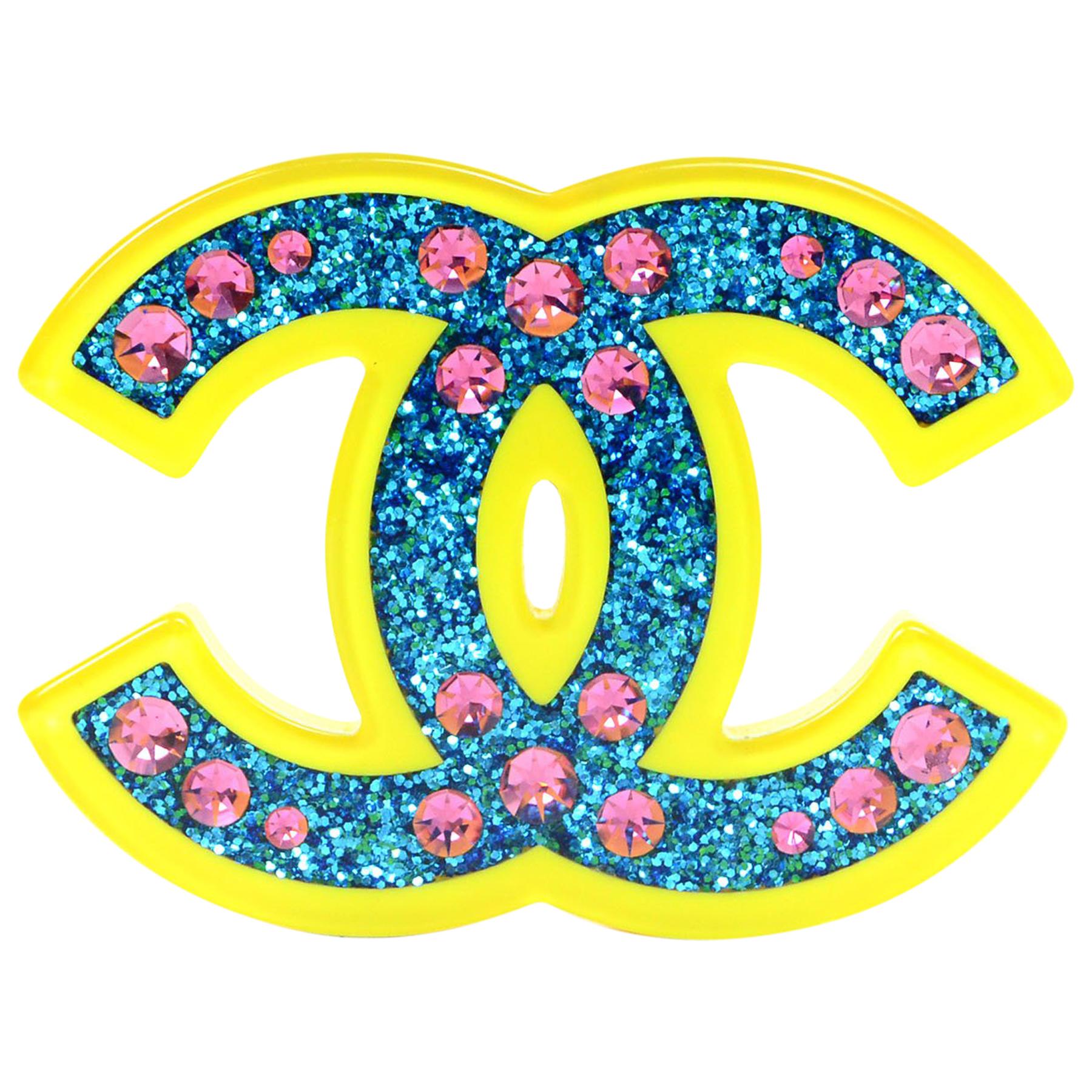Chanel Blue & Yellow Glitter CC Brooch with Box
