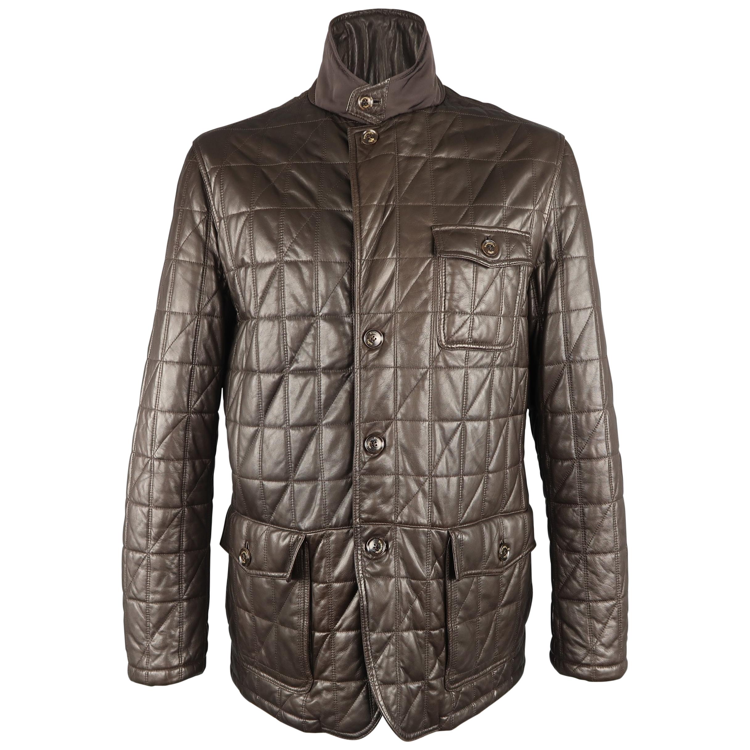 Men's ERMENEGILDO ZEGNA 46 Brown Quilted Leather Flap Pocket Jacket