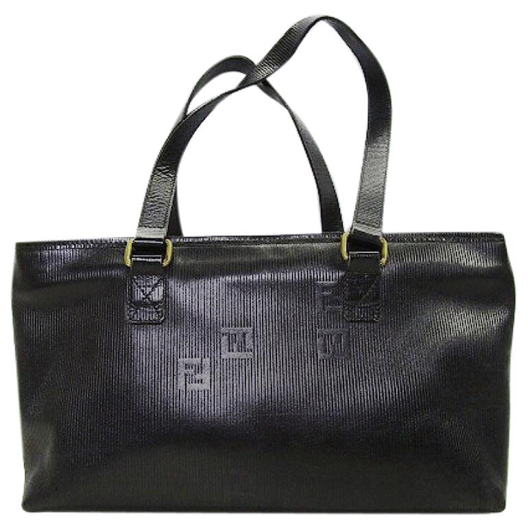Vintage FENDI black stripe gained leather shopper tote bag with embossed FF logo For Sale