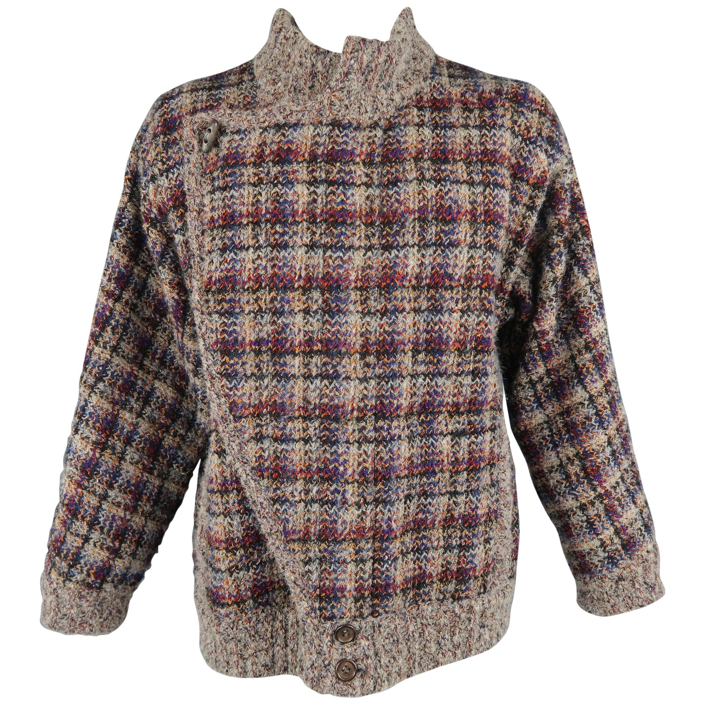 Vintage MISSONI L Grey & Burgundy Plaid Knitted Wool Blend Reversible Jacket
