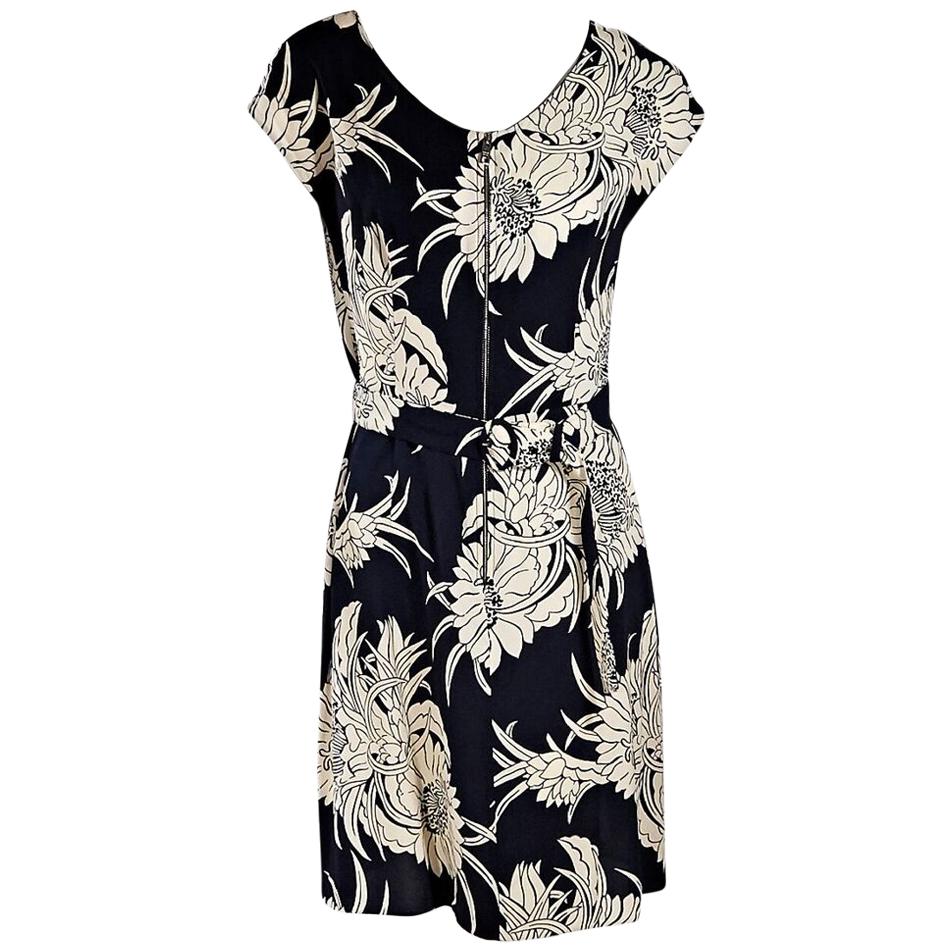 Navy Blue & White Prada Floral-Printed Jersey Dress