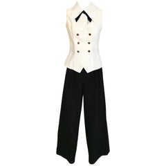 Vintage Chanel White Sleeveless Cotton Top and Black tuxedo pant suit set, 1980s 