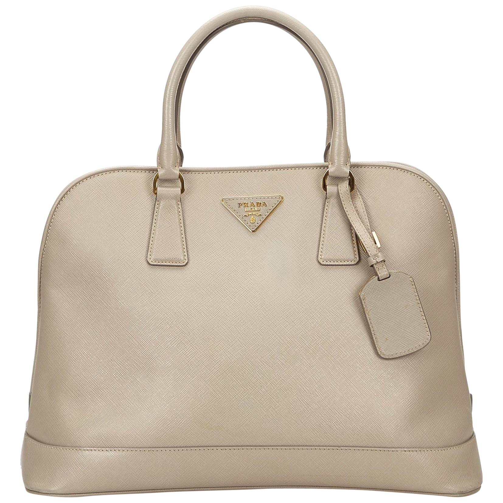 Prada Brown x Beige Saffiano Leather Handbag For Sale
