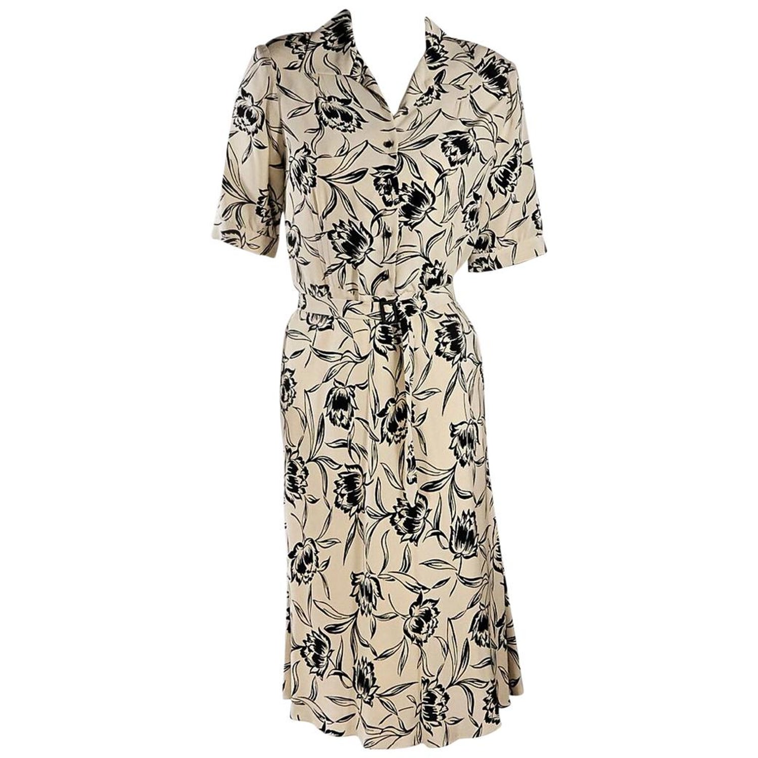 Cream and Black Ralph Lauren Collection Floral Dress For Sale at 1stDibs