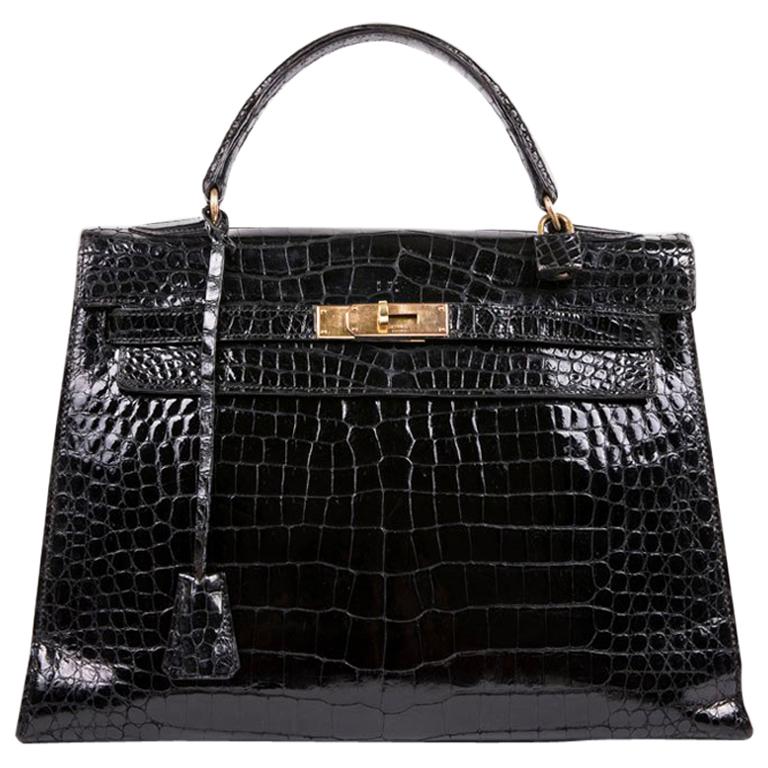 Hermès Vintage Black Varnished Crocodile Porosus Kelly 32 Bag 