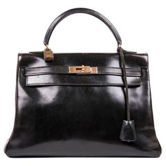 HERMES Vintage Kelly 32 Bag in Black Box Leather at 1stDibs