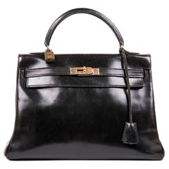 HERMES Vintage Kelly 32 Bag in Black Box Leather