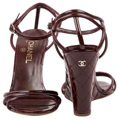 Chanel Burgundy Quilted Patent Leather Wedge Sandals 
