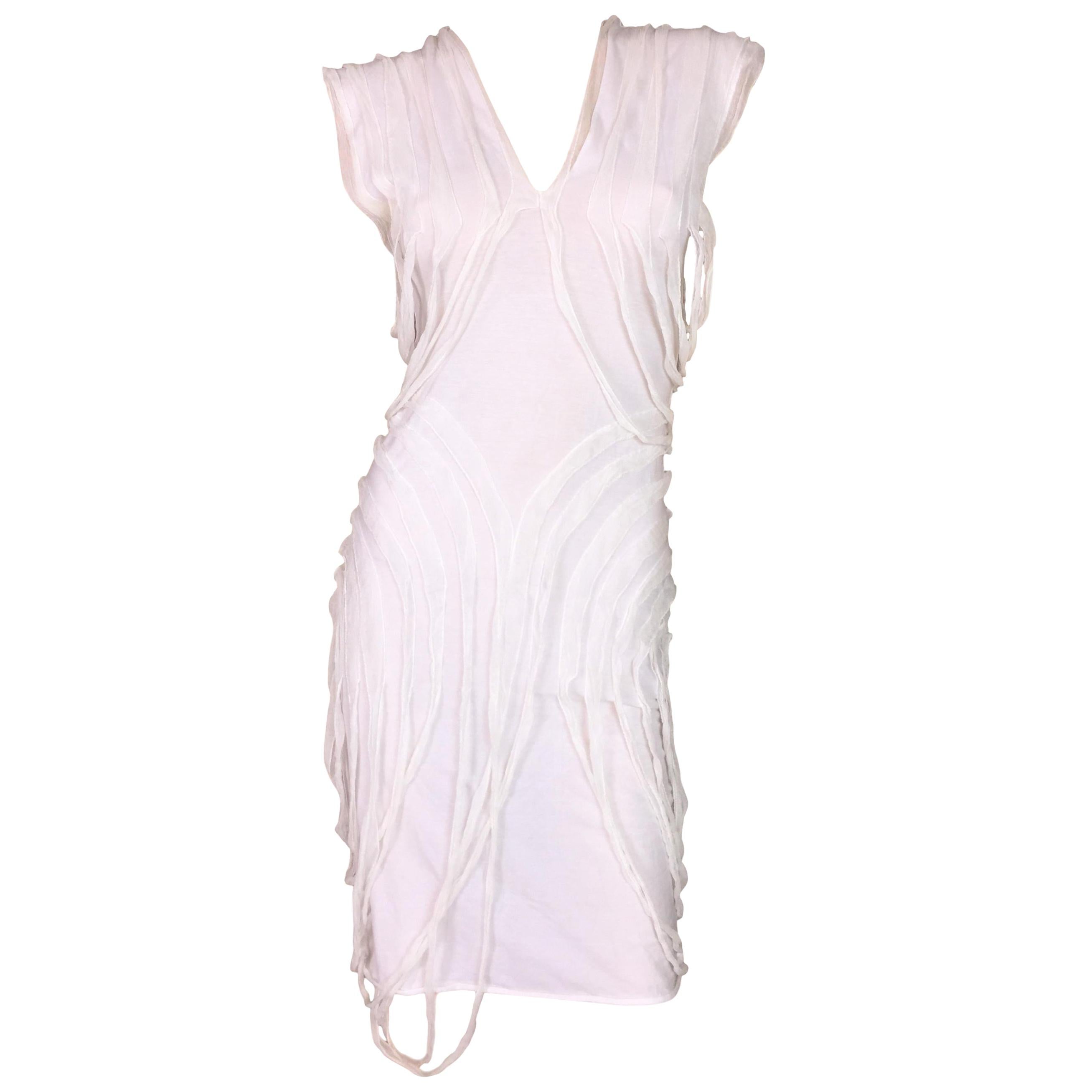 2000s Jean Paul Gaultier Semi-Sheer White Silk Fringe Mini Dress