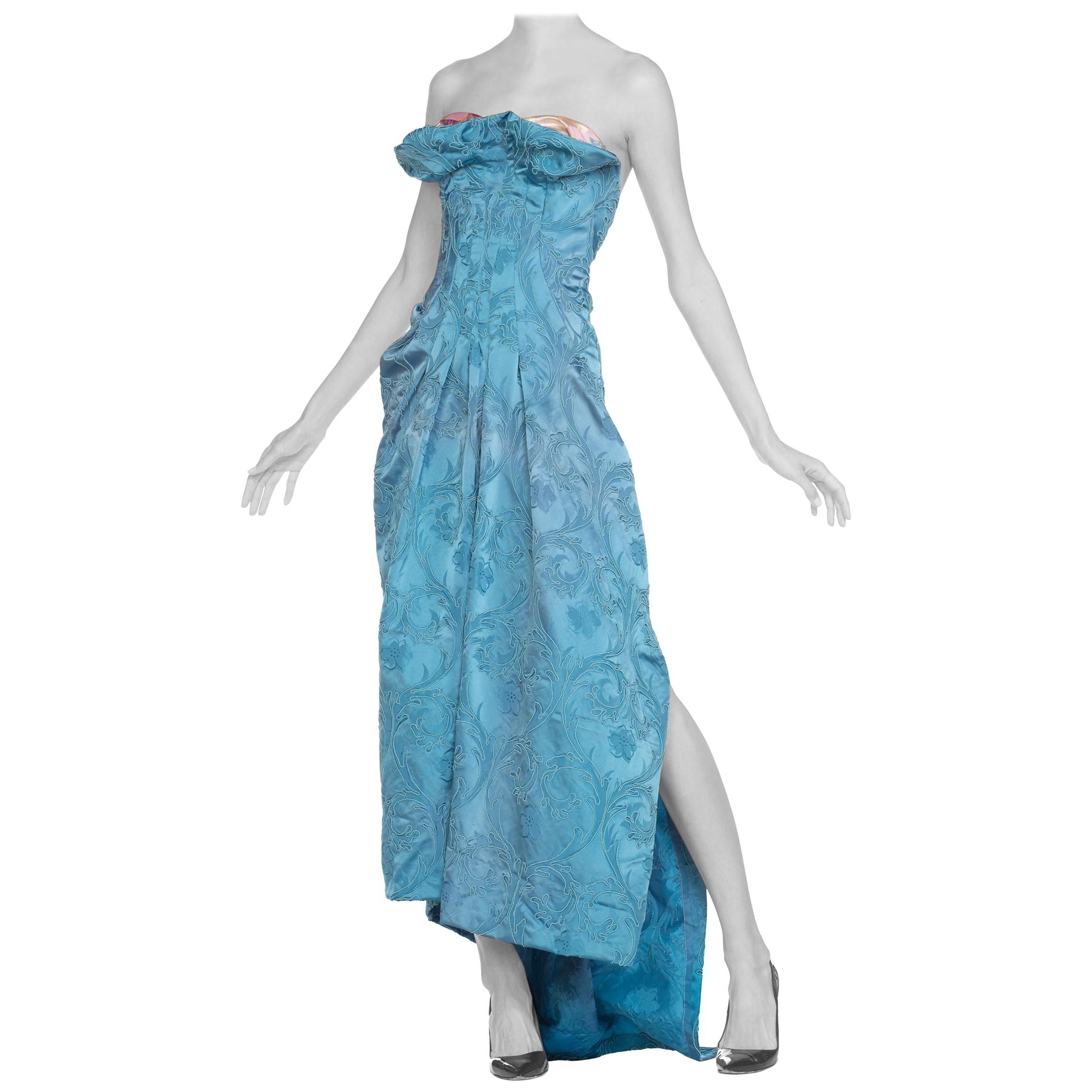 Morphew Strapless Gown with Boning Made from 1950s Blue Satin Demask 