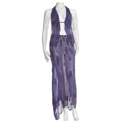 Vintage Morphew Collection Cher-Inspired 1970s Beaded Silk Purple Two Piece Ensemble