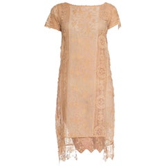 1920S Ecru Silk Chiffon & Handmade Lace Flapper Era Gatsby Tea Dress Embroided 