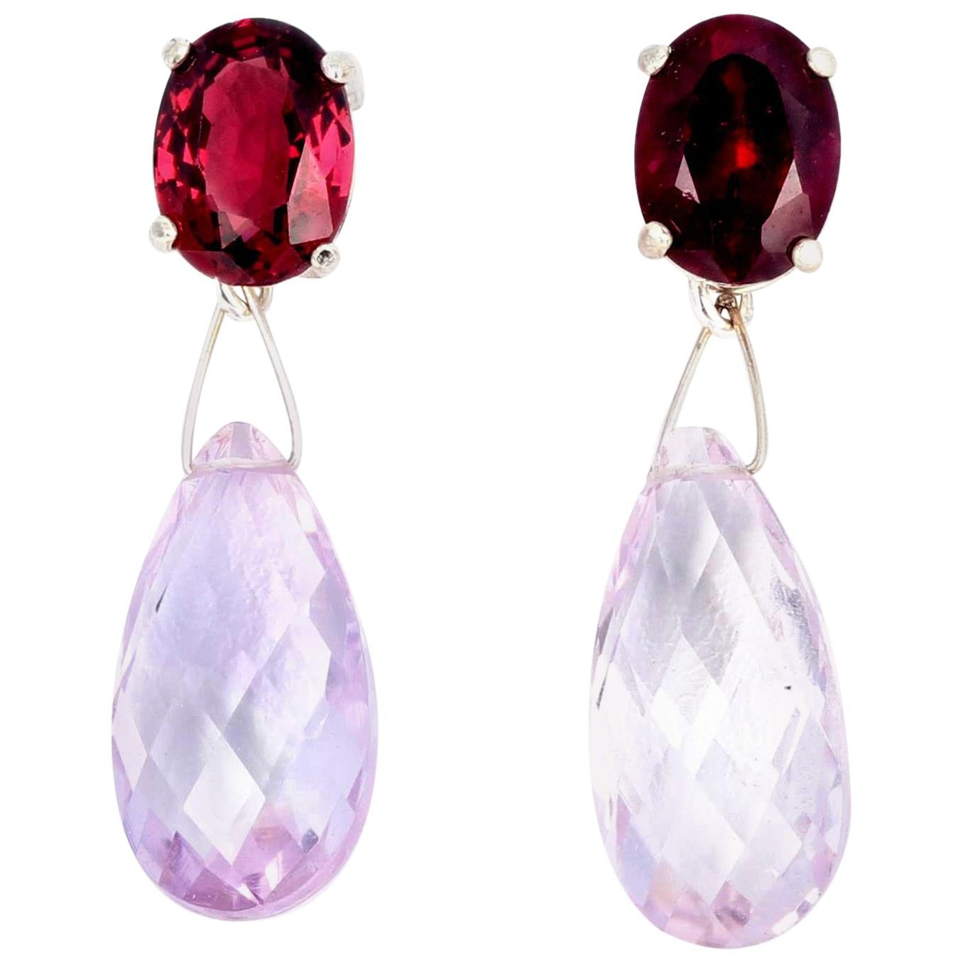 These 5.6 carats of glowing red MATCHING Rubelites (red Tourmalines)  (10 mm x 8 mm) elegantly dangle brilliant 9.8 carats of checkerboard gem cut Rose of France Amethysts.  They hang approximately 1.14 inches long from top of Rubelite to bottom of