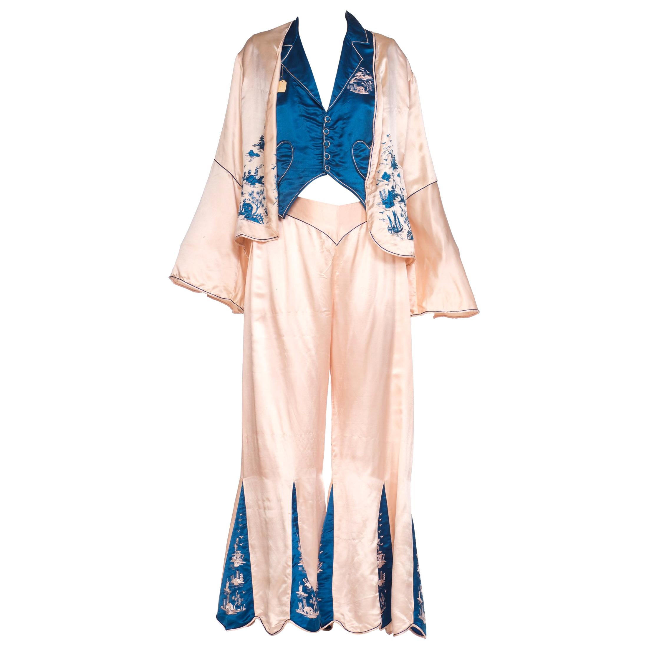 1920s 3 Piece Blue and Cream Chinese Beach Pajamas With Hand Embroidery