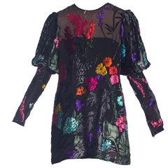 Vintage Black Chiffon 1980s Richelene Burnout Velvet Mini Dress with Bishop Sleeves