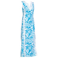 1960S LILY PULITZER Aqua  Floral Cotton Dress With White Lace Flowers Szl