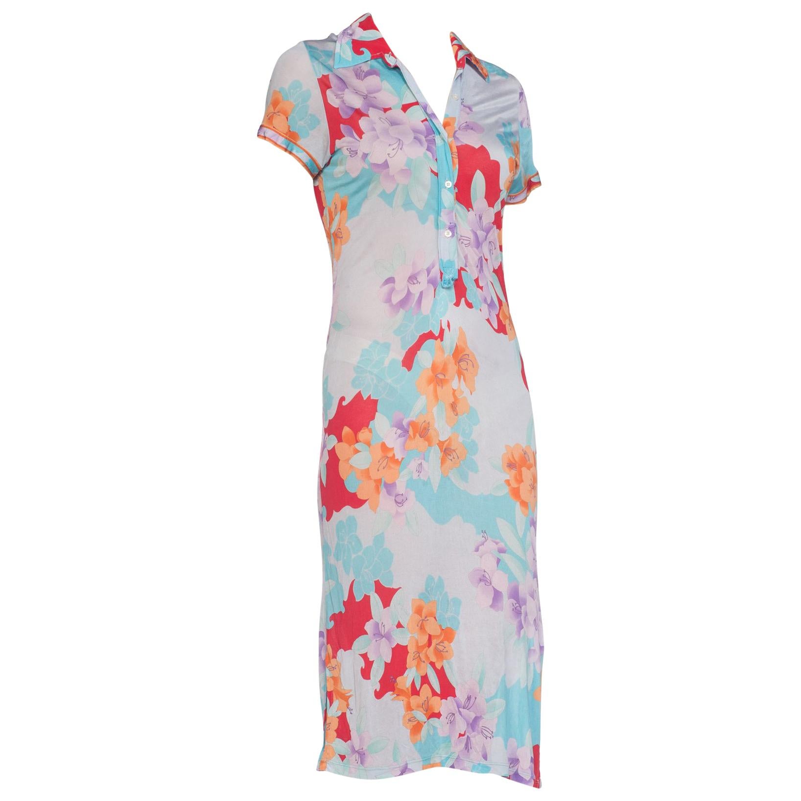 1980S LEONARD Pastel Sheer Rayon Blend Jersey Tropical Floral Print Dress
