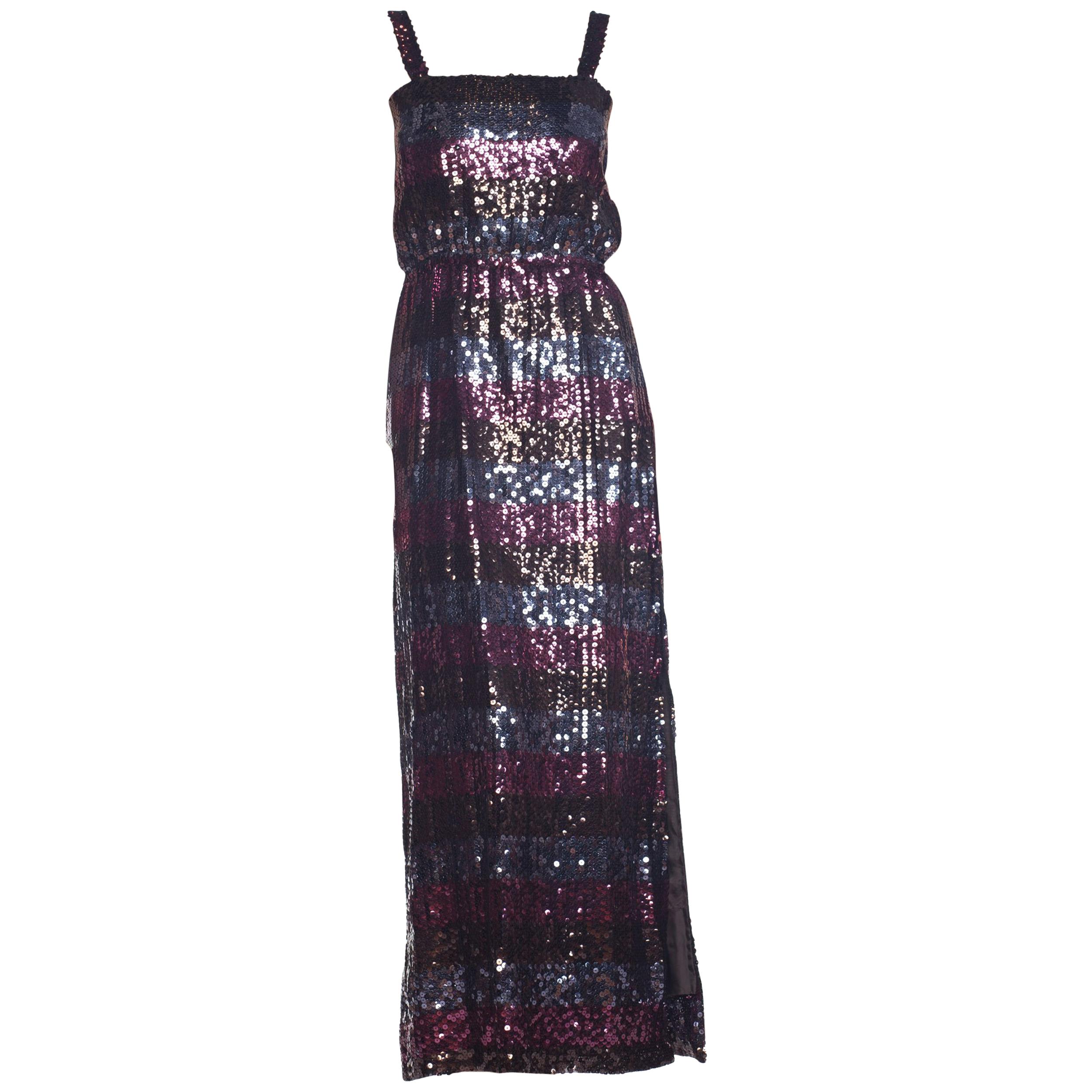 1970s Striped Sequin Disco Gown with Slit