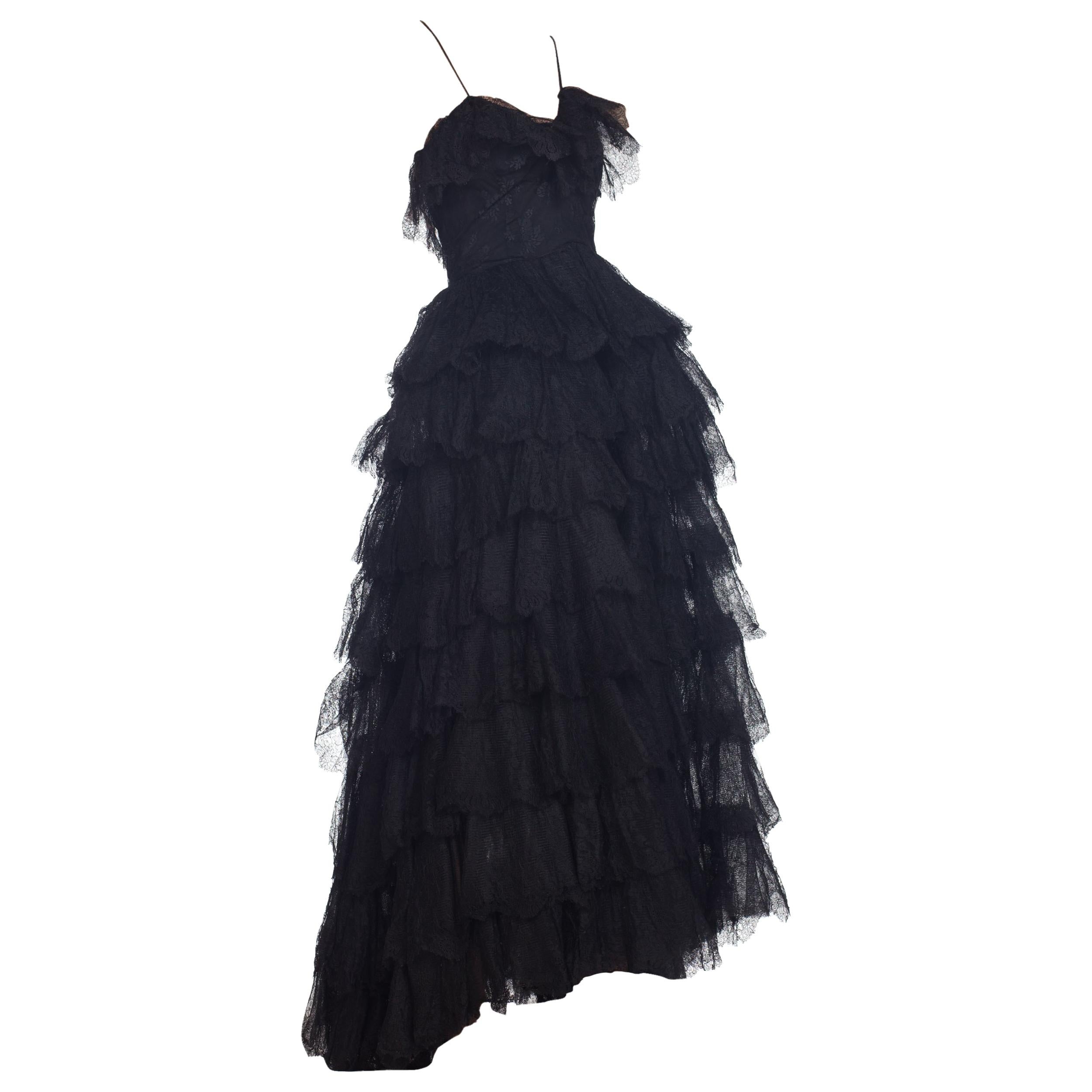 1940S Black Silk Chantilly Lace Ruffled Gown With Corset Bodice And Crinoline