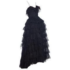 1940S Black Silk Chantilly Lace Ruffled Gown With Corset Bodice And Crinoline