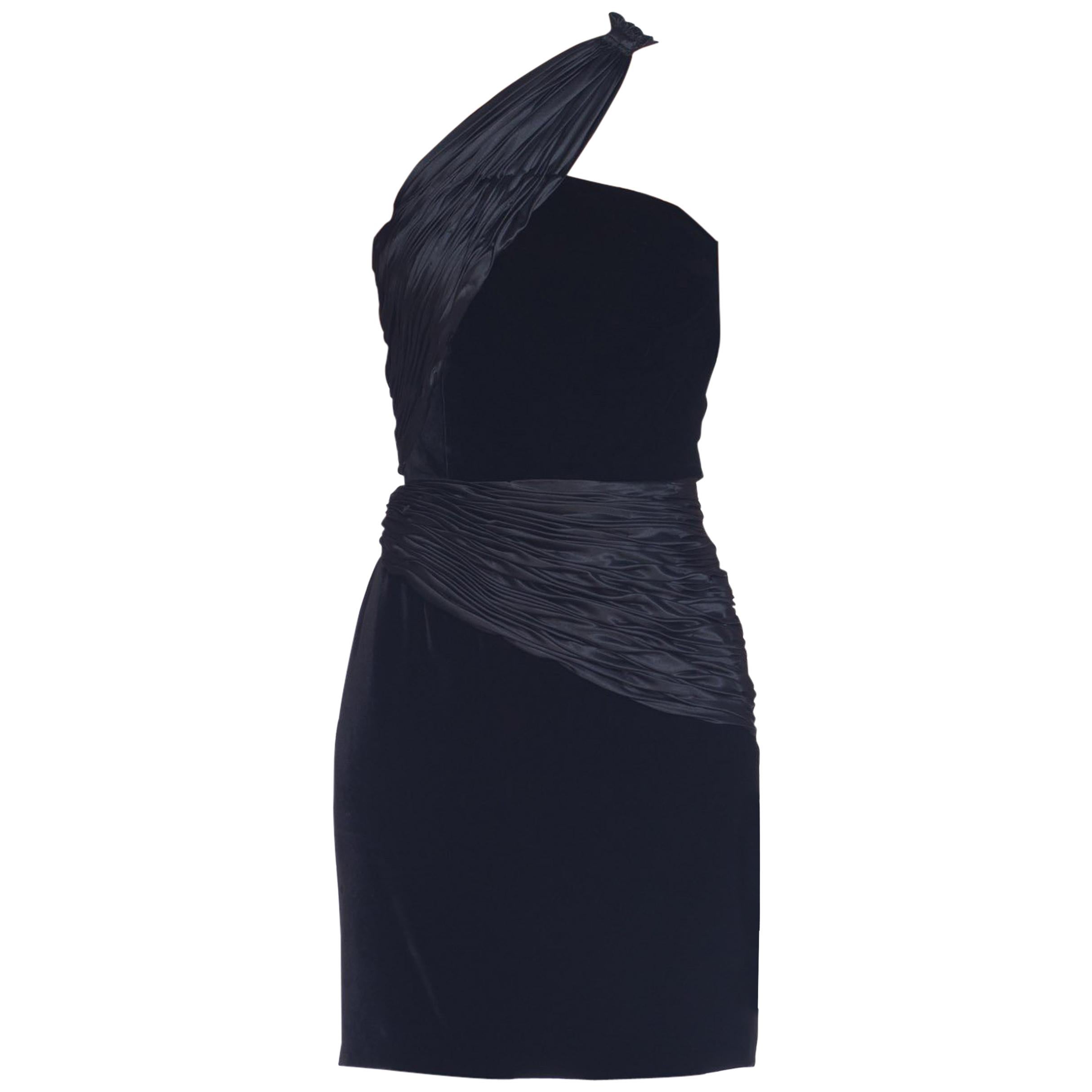1980S VALENTINO Black Silk Velvet & Ruched Satin One Shoulder Cocktail Dress
