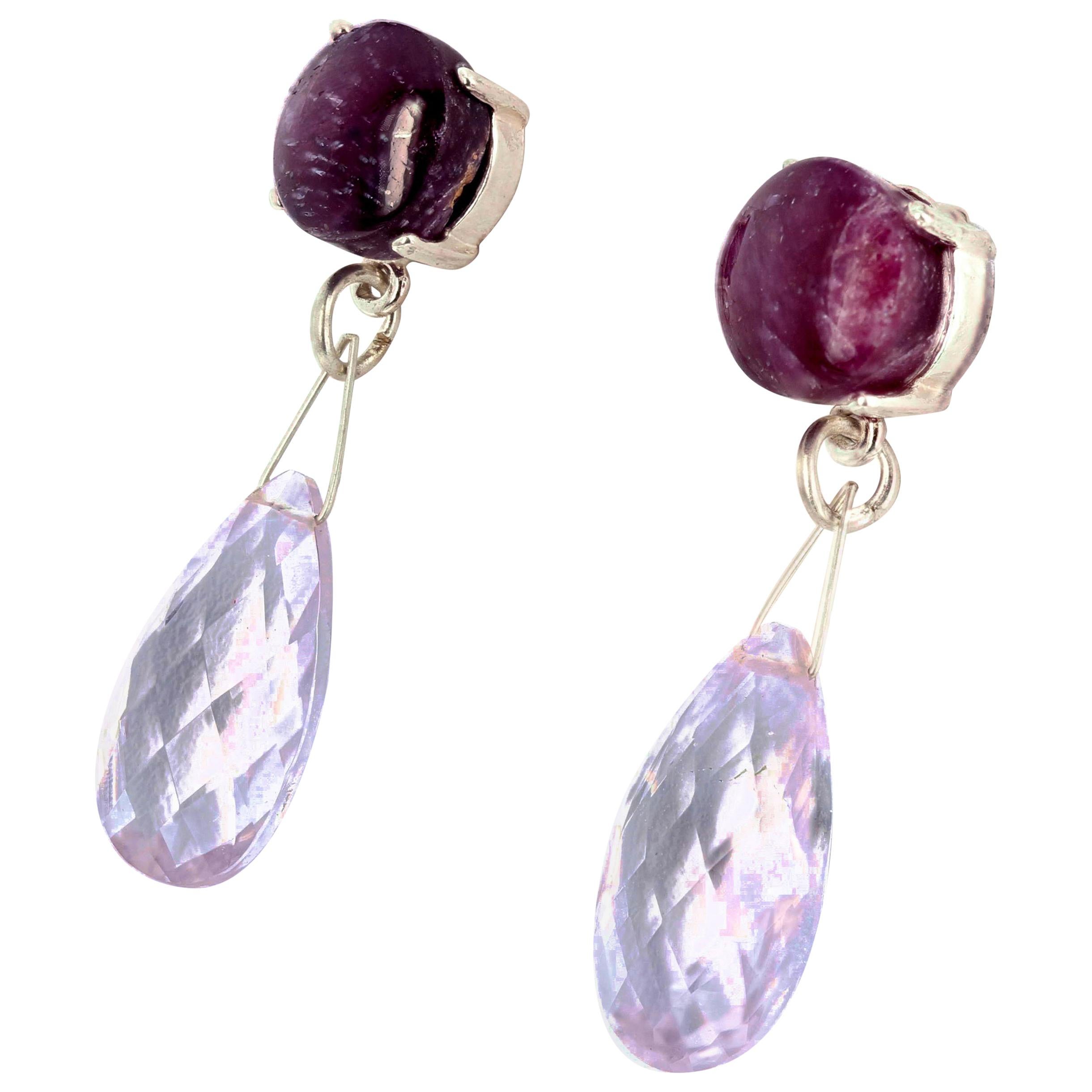 Glowing polished 8.6 carats of round red natural real Ruby rock (8.3 mm) elegantly dangle brilliant checkerboard gem cut 26.9 carats of Rose of France Amethysts sterling silver stud earrings.  They hang approximately 1.26 inches long from top of