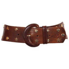 brown leather wide belt with star and circular gilt studs, 1980s