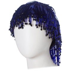 1970S Cobalt Blue Beaded Fringe Silk Cloché By Tony Chase Hat